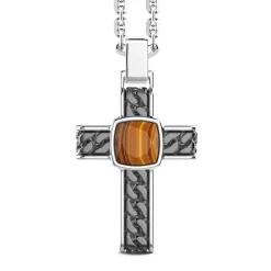 Clearance Silver Necklace With Cross Pendant And Square Tiger'S Eye. Colliers