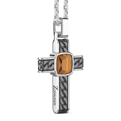 Clearance Silver Necklace With Cross Pendant And Square Tiger'S Eye. Colliers