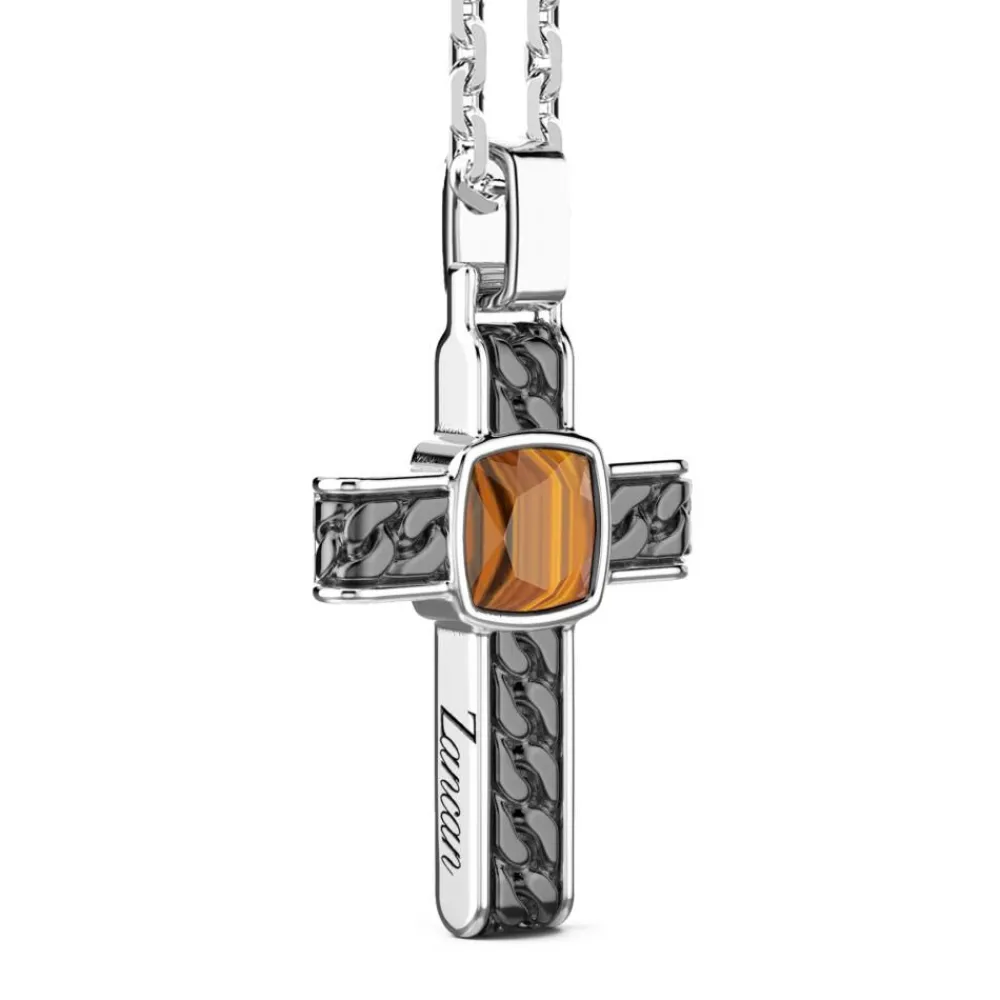 Clearance Silver Necklace With Cross Pendant And Square Tiger'S Eye. Colliers
