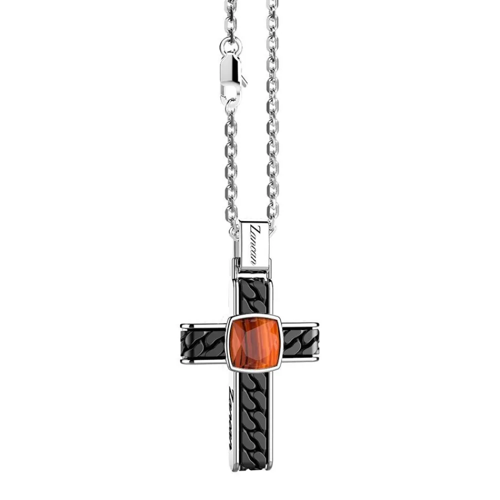 Clearance Silver Necklace With Cross Pendant And Square Tiger'S Eye. Colliers