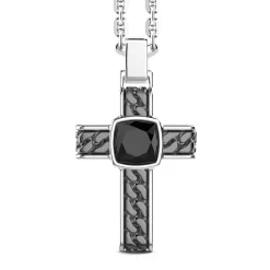 Cheap Silver Necklace With Cross Pendant And Square Onyx. Colliers