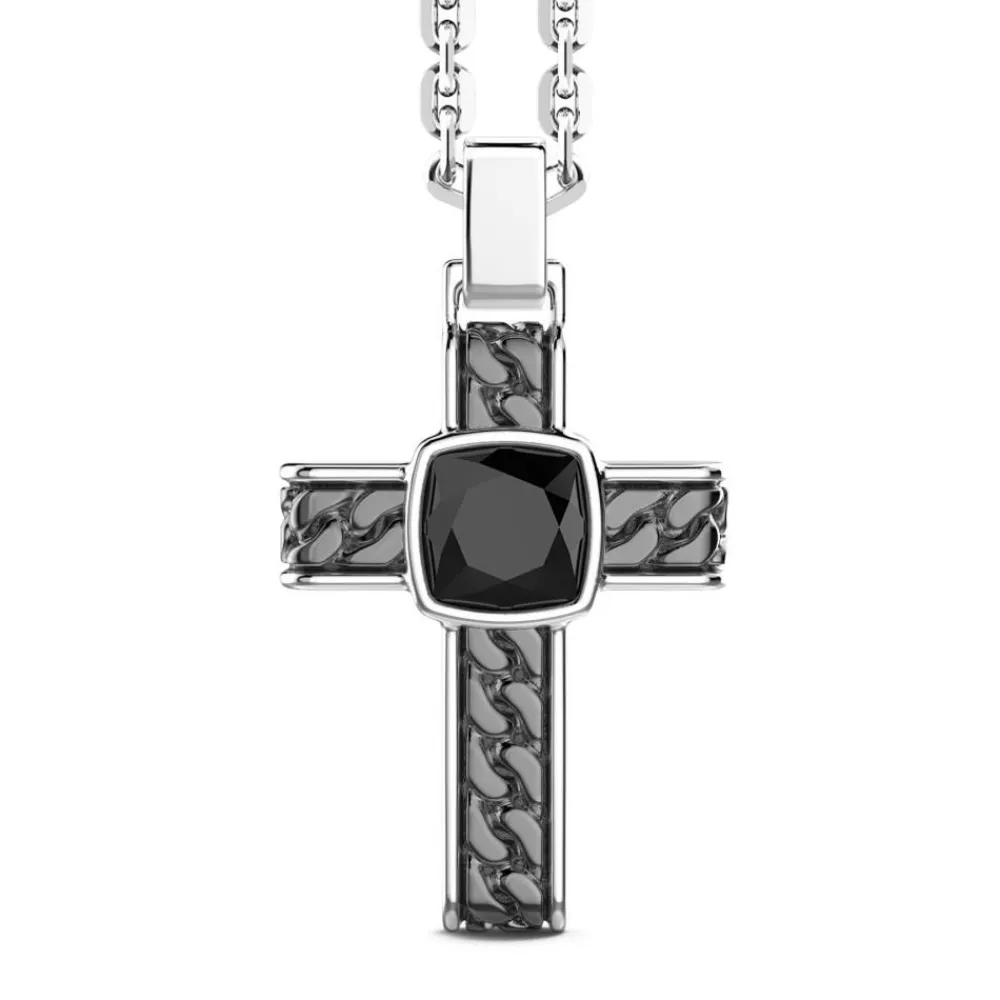 Cheap Silver Necklace With Cross Pendant And Square Onyx. Colliers
