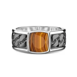 Cheap White And Black Silver Ring With Tiger'S Eye. Bagues