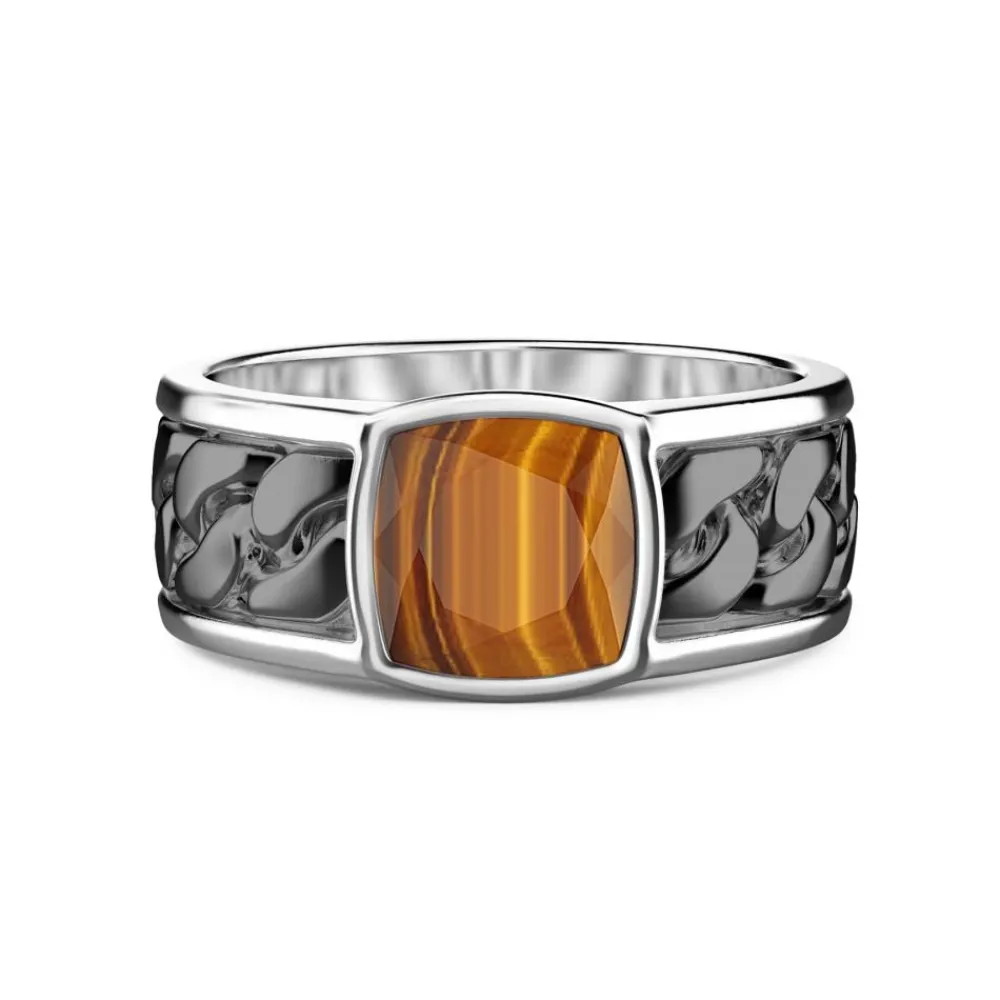 Cheap White And Black Silver Ring With Tiger'S Eye. Bagues