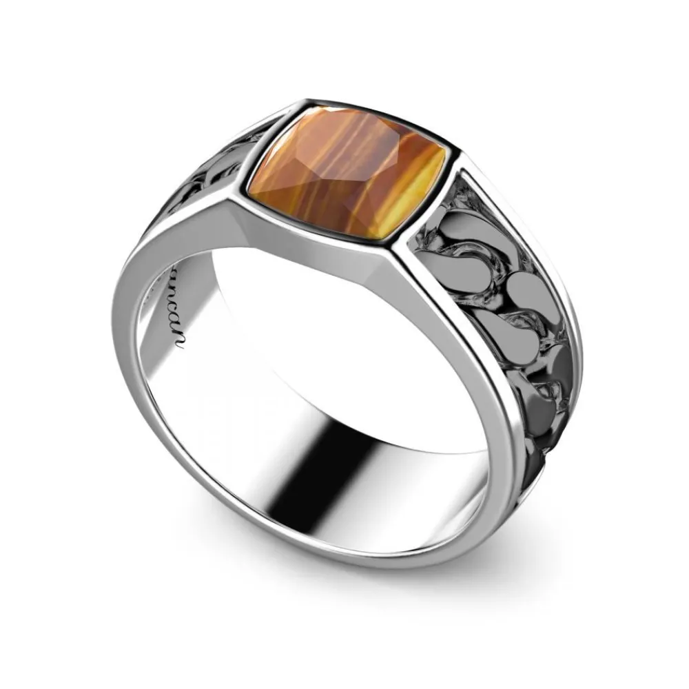 Cheap White And Black Silver Ring With Tiger'S Eye. Bagues