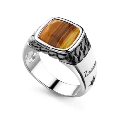 Store White And Black Silver Ring With Natural Tiger'S Eye. Bagues