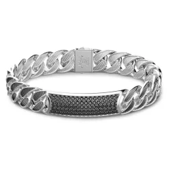 Cheap Zancan Broad Silver Curb Chain Bracelet With Striated Finish And Tag With Black Stones. Bracelets