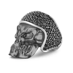 Sale Zancan Burnished Silver Biker Skull Ring With Black Stones. Bagues