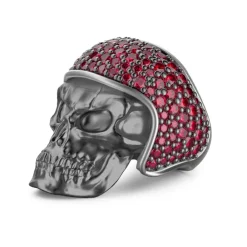 Clearance Zancan Burnished Silver Biker Skull Ring With Red Stones. Bagues