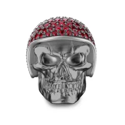 Clearance Zancan Burnished Silver Biker Skull Ring With Red Stones. Bagues