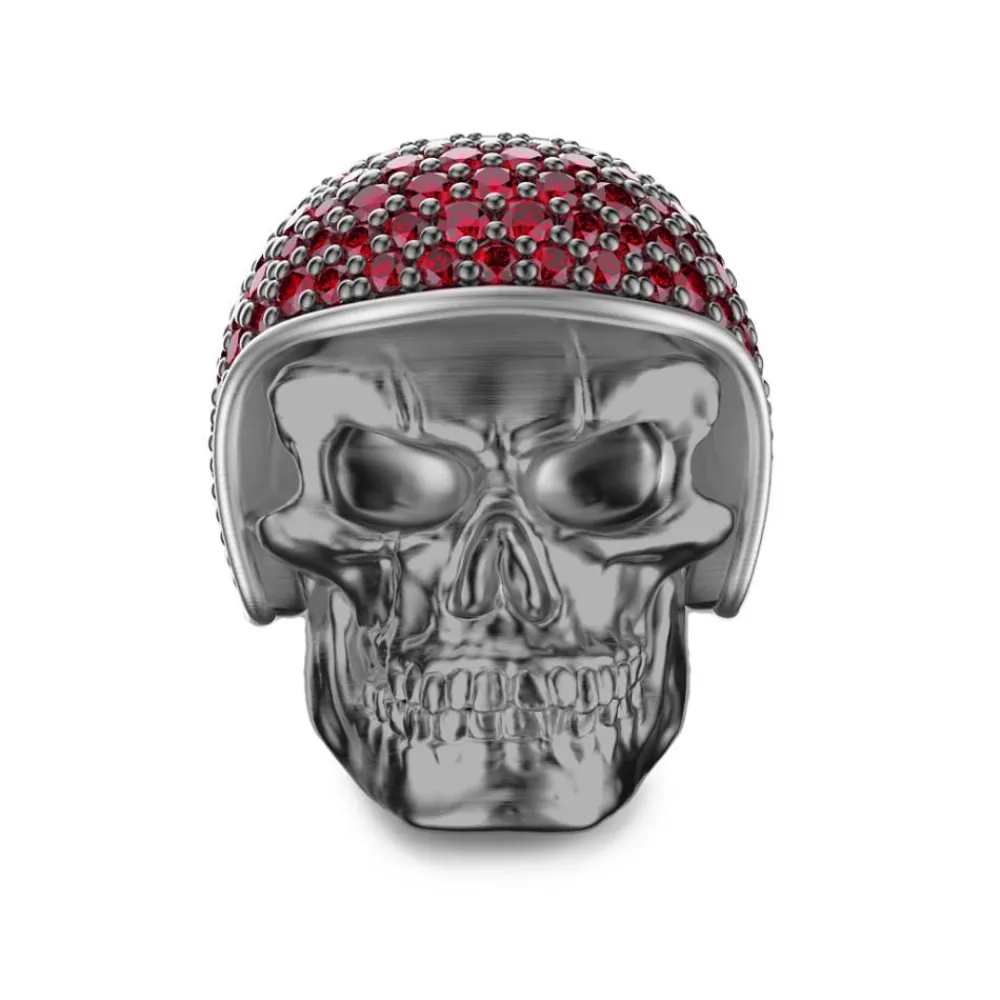 Clearance Zancan Burnished Silver Biker Skull Ring With Red Stones. Bagues