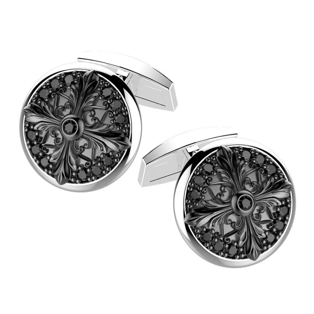 Online Zancan Burnished Silver Circular Cufflinks With Black Stones. Boutons De Manchette