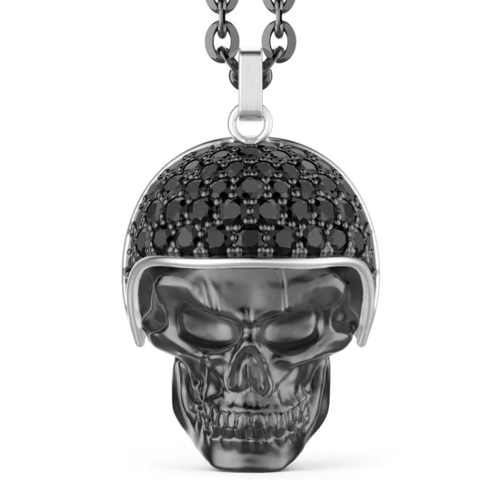 Discount Zancan Burnished Silver Necklace With Biker Skull Pendant With Black Stones. Colliers