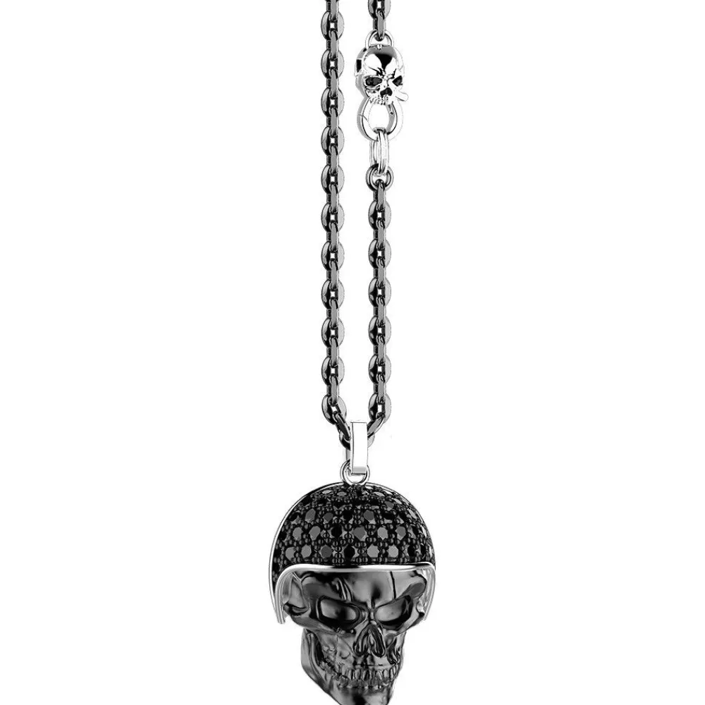 Discount Zancan Burnished Silver Necklace With Biker Skull Pendant With Black Stones. Colliers
