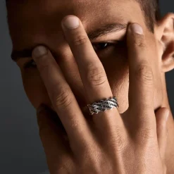Hot Zancan Silver Band Ring With Black Stones. Bagues