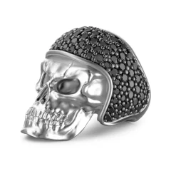 Shop Zancan Silver Biker Skull Ring With Black Stones. Bagues