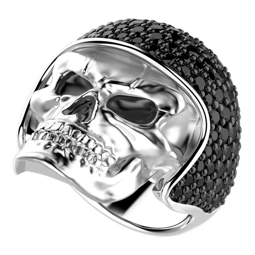 Shop Zancan Silver Biker Skull Ring With Black Stones. Bagues