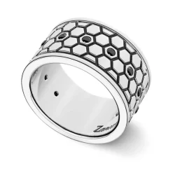 Best Zancan Silver Broad Band Ring With Black Stones. Bagues