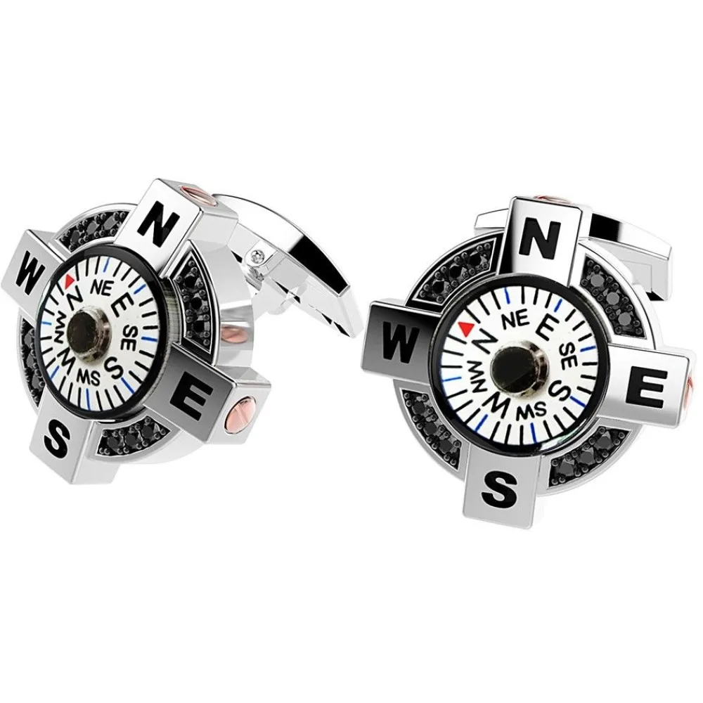 Clearance Zancan Silver Cufflinks With White Compass And Black Spinels. Boutons De Manchette