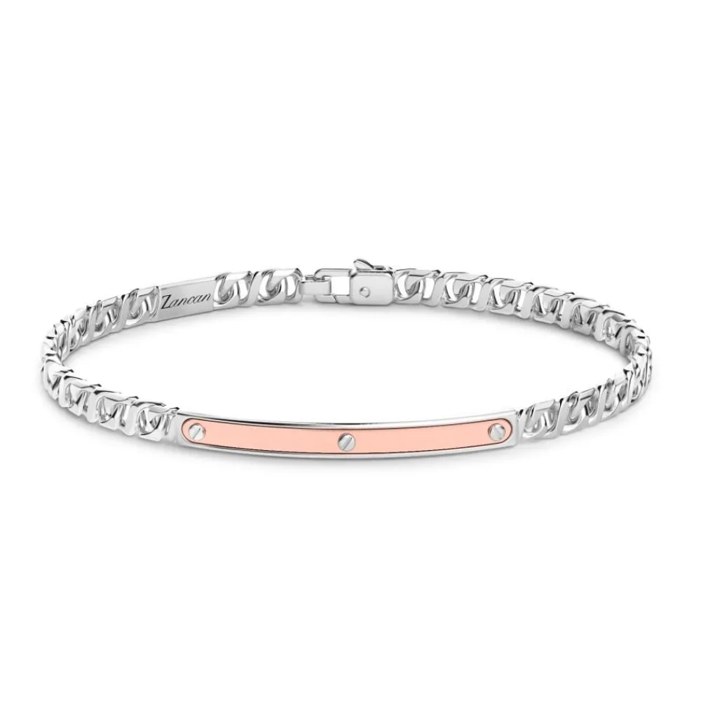 Online Zancan Silver Curb Chain Bracelet With Tag And Rose Gold Inserts. Bracelets