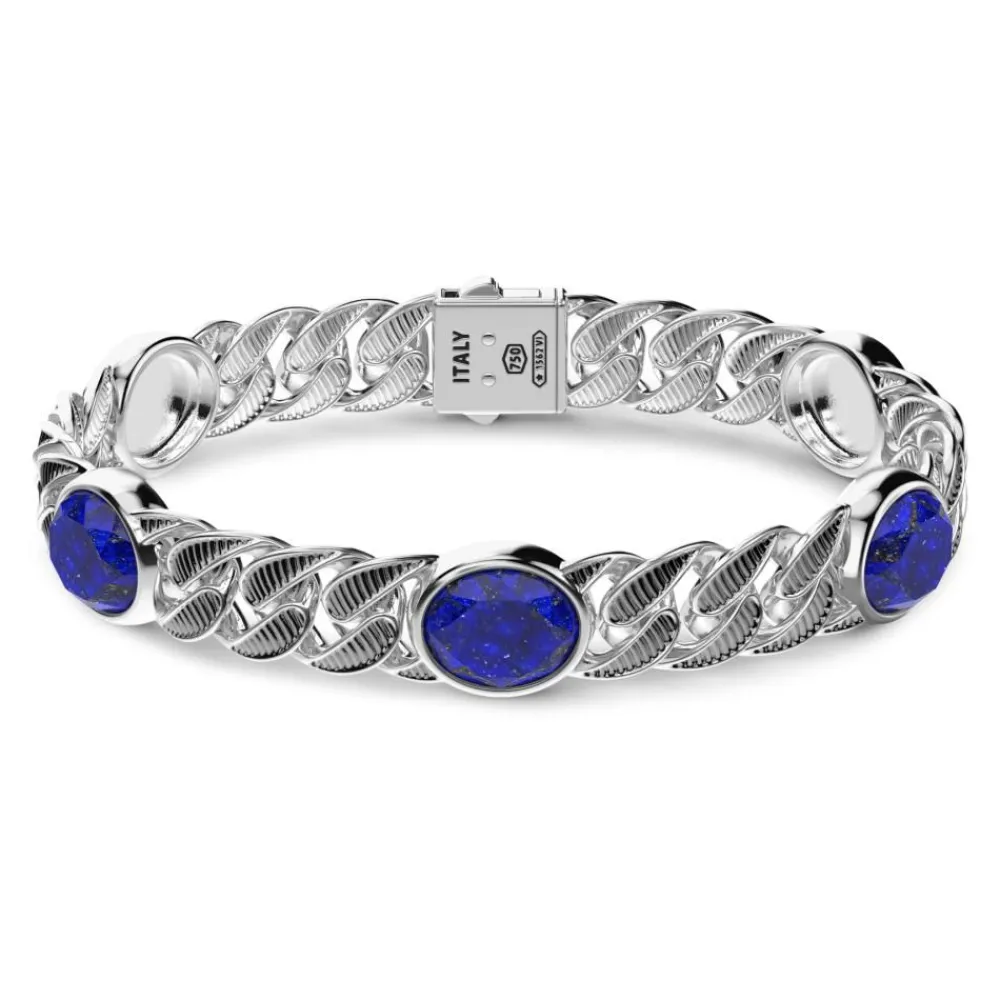 Fashion Zancan Silver Curb Chain Bracelet With Striated Black Finish And Blue Stones. Bracelets