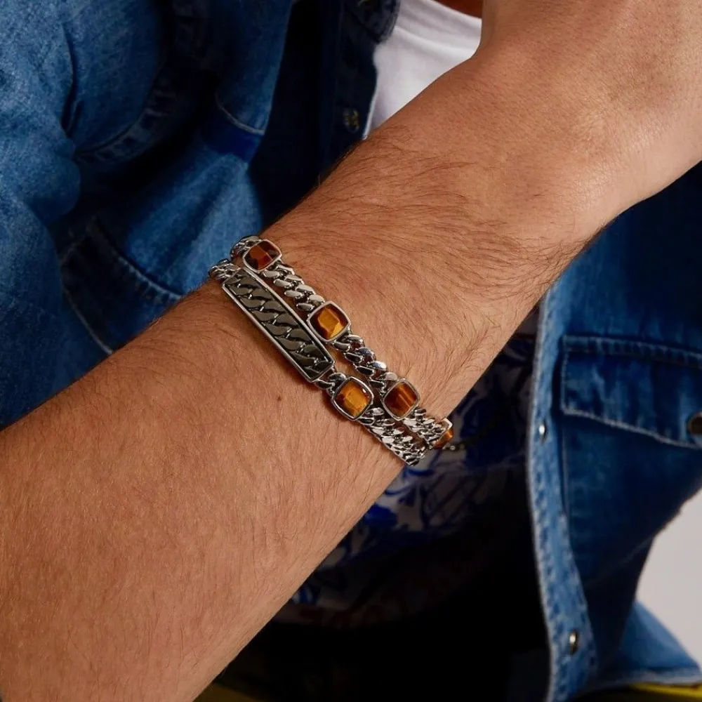 Cheap Zancan Silver Curb Chain Bracelet With Tiger'S Eye Stones. Bracelets