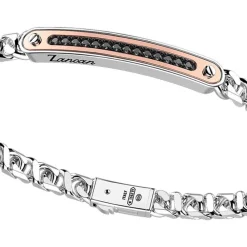 Online Zancan Silver Curb Chain Bracelet With Tag And Rose Gold Inserts And Black Stones. Bracelets