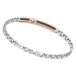 Store Zancan Silver Curb Chain Bracelet With Tag And Rose Gold Inserts And Black Stones. Bracelets