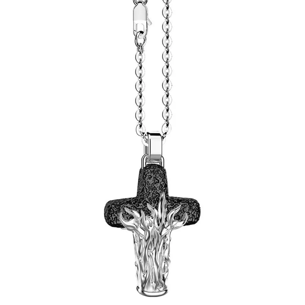Cheap Zancan Silver Necklace With Cross Pendant And Flaming Motif. Colliers