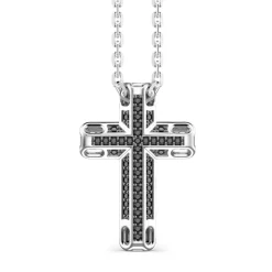 Fashion Zancan Silver Necklace With Cross Pendant And Black Stones. Colliers