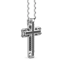 Fashion Zancan Silver Necklace With Cross Pendant And Black Stones. Colliers