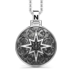Fashion Zancan Silver Necklace With Wind Rose Pendant And Black Stones. Colliers