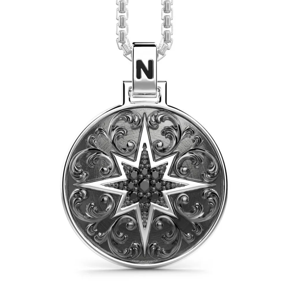 Fashion Zancan Silver Necklace With Wind Rose Pendant And Black Stones. Colliers