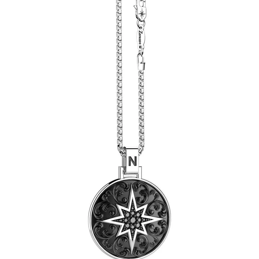 Fashion Zancan Silver Necklace With Wind Rose Pendant And Black Stones. Colliers