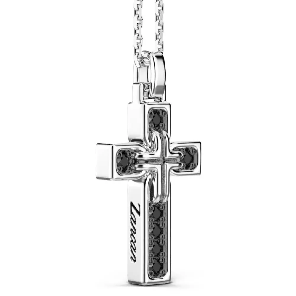 Best Zancan Silver Necklace With Cross Pendant And Black Stones. Colliers
