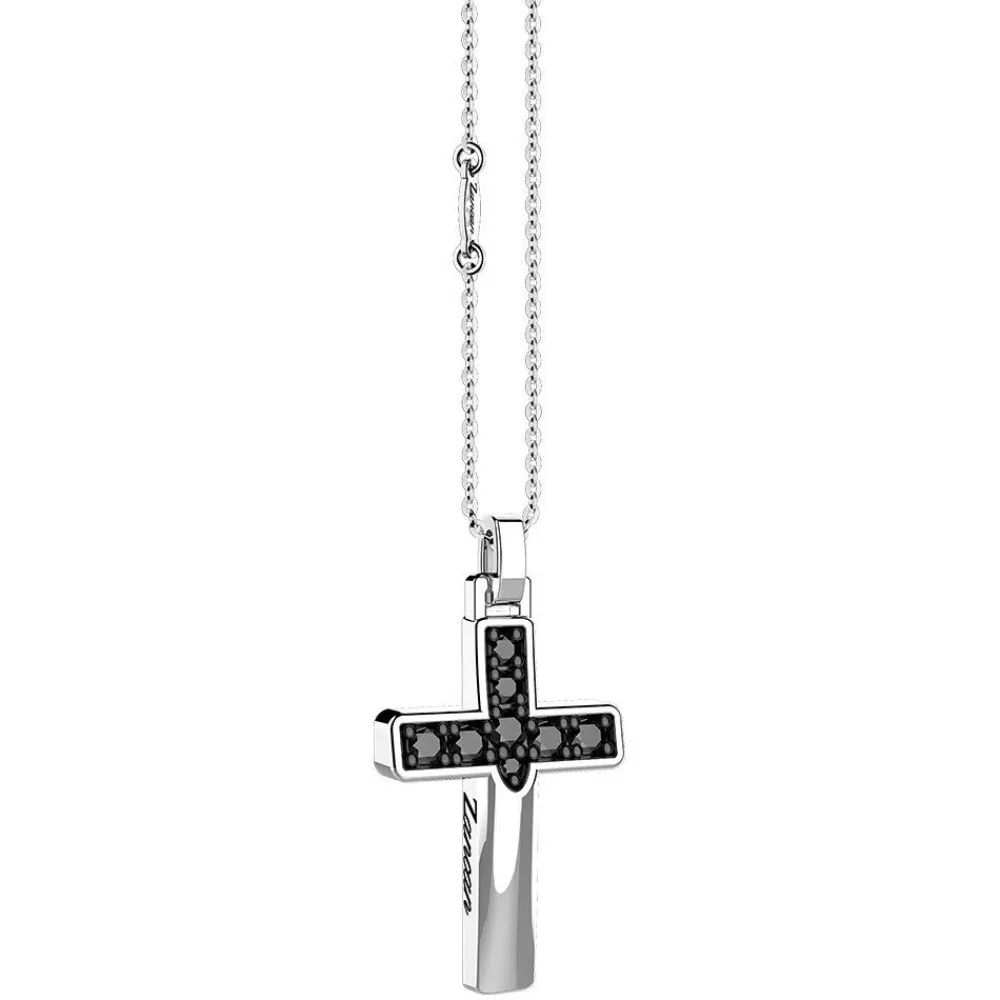 Outlet Zancan Silver Necklace With Cross Pendant And Black Stones. Colliers