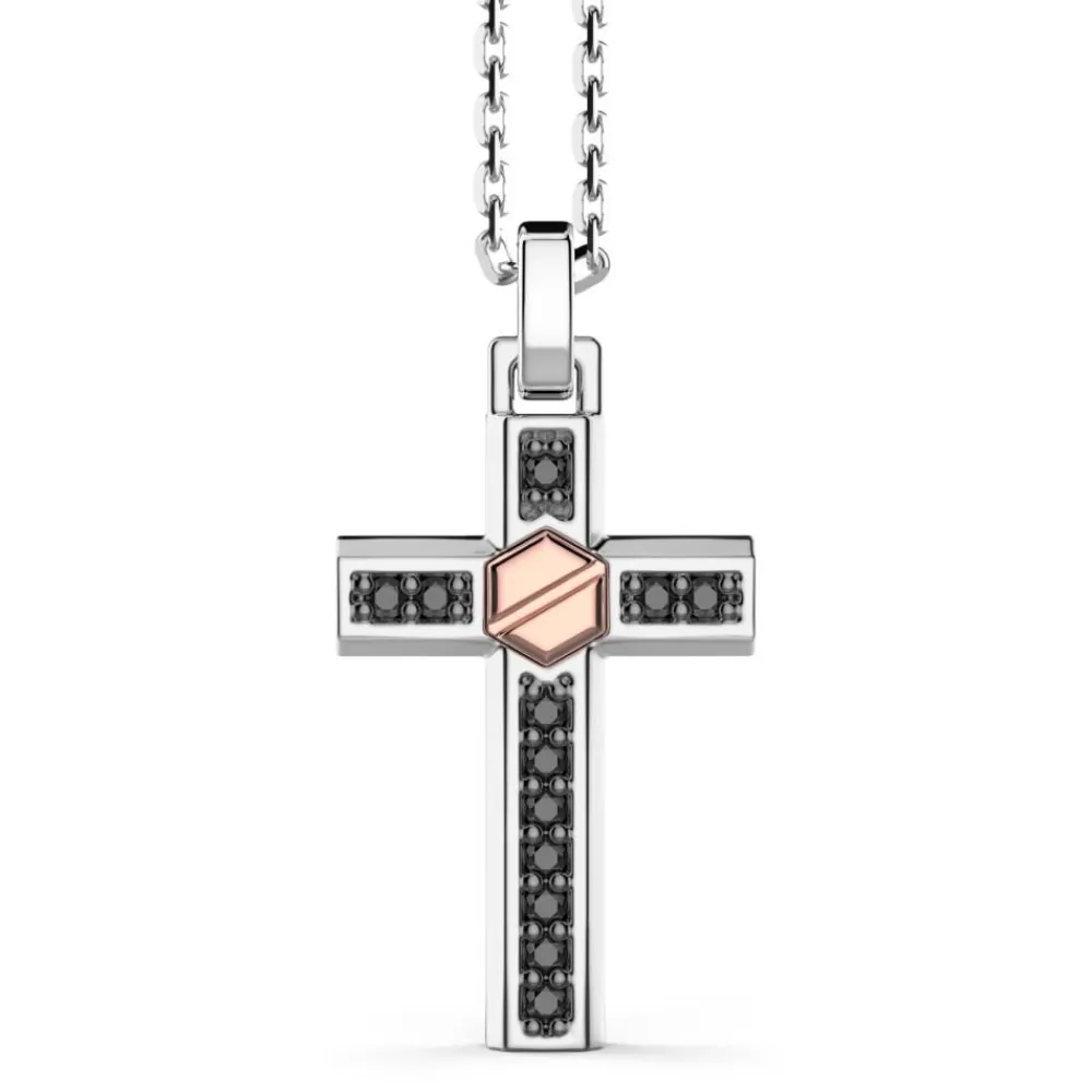 Online Zancan Silver Necklace With Cross Pendant, Rose Gold Screw And Black Stones. Colliers