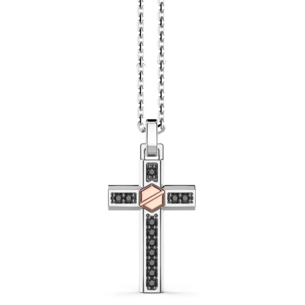 Online Zancan Silver Necklace With Cross Pendant, Rose Gold Screw And Black Stones. Colliers