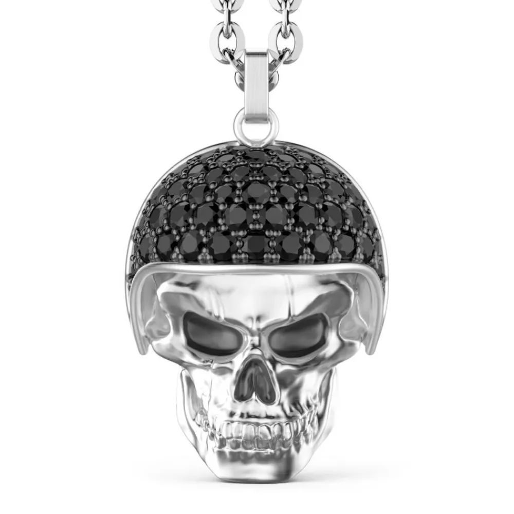 Best Zancan Silver Necklace With Biker Skull Pendant With Black Stones. Colliers