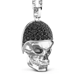 Best Zancan Silver Necklace With Biker Skull Pendant With Black Stones. Colliers