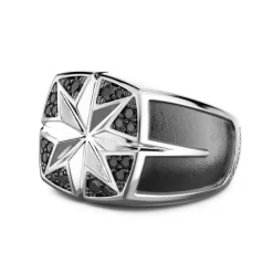 Hot Zancan Silver Ring With Engraved Wind Rose And Black Stones. Bagues